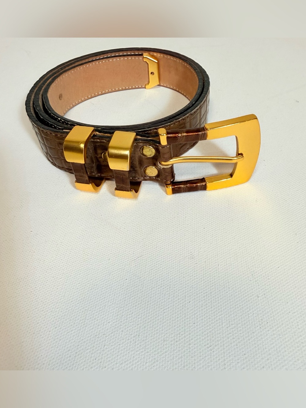 Vintage Simon Metallic Bronze Croc-Embossed Leather Belt Gold Hardware | Size D